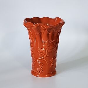 Autumn Burnt Orange Rust Brown Ceramic Raised Leaves 6" Vase by FTD